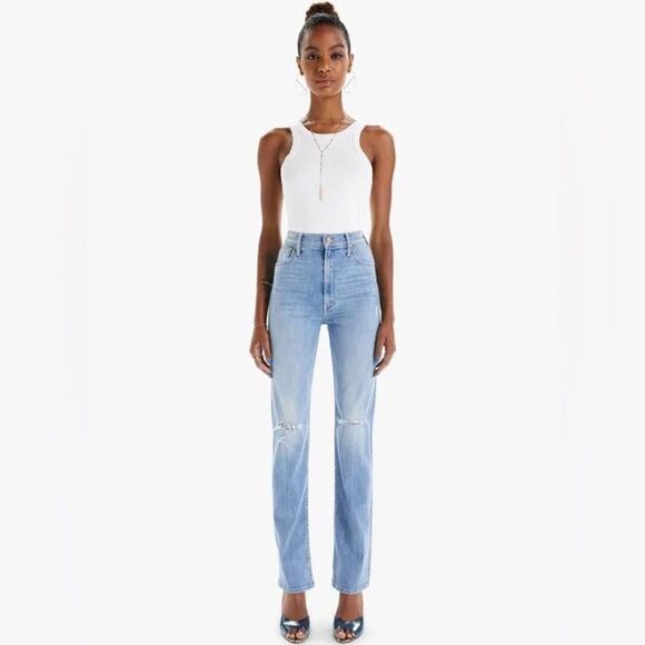 MOTHER High Waisted Rider Skimp Straight Leg Distressed Denim Jeans in Dreamer - Picture 1 of 12